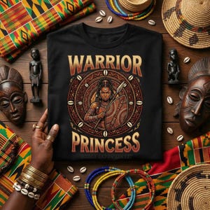 May include: Black t-shirt with the words "WARRIOR PRINCESS" in a brown, textured font. The shirt features a detailed illustration of a woman warrior holding a spear and shield, surrounded by a circular design. The shirt is surrounded by African-inspired decor.