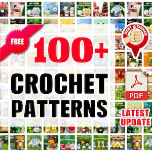Op de afbeelding: Een collage van 100+ haakpatronen in PDF-formaat. De afbeelding toont een verscheidenheid aan kleurrijke haakprojecten, waaronder dieren, planten en kerstversiering. De tekst "GRATIS" en "LAATSTE UPDATE" is ook zichtbaar.