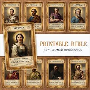 May include: A collection of Printable Bible New Testament trading cards. Each card features a portrait of a biblical figure, with their name, age, and a brief description. The cards have a gold frame.
