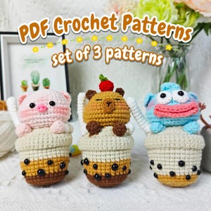 Conjunto de patrones de ganchillo – Tutorial de amigurumi de 3 animales para té de burbujas (PDF)