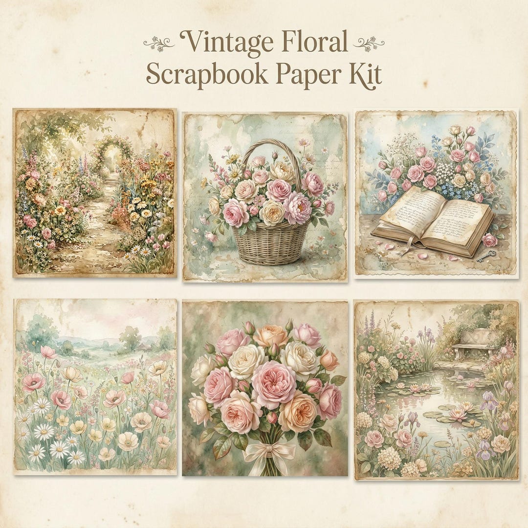 Vintage Floral Scrapbook Paper Kit – Watercolor Garden Scenes (digital ...