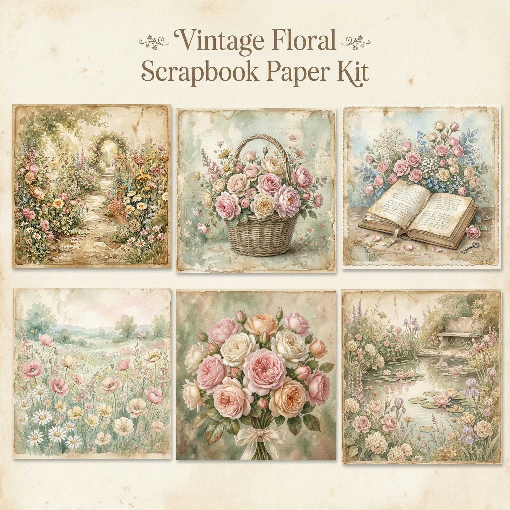 Vintage Floral Scrapbook Paper Kit – Watercolor Garden Scenes (digital ...