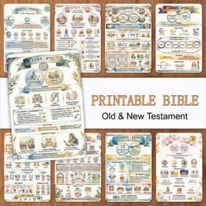 Op de afbeelding: Een verzameling afdrukbare Bijbelstudiegidsen, met verschillende boeken uit het Oude en Nieuwe Testament. Elke gids is versierd met illustraties, sleutelverzen en thematische overzichten. De titel "Printable Bible" wordt prominent weergegeven.