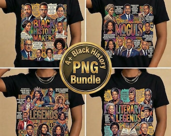 May include: A bundle of four black t-shirts featuring portraits of historical figures. Each shirt has a different theme: Black History Makers, Moguls, Legends, and Literary Legends. The shirts are black with colorful graphics and text.