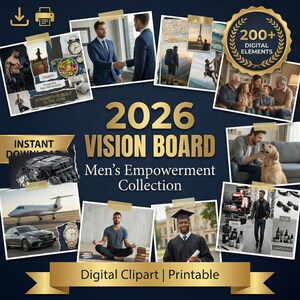 Puede incluir: Una colección de imágenes prediseñadas digitales titulada "2026 Vision Board: Men's Empowerment Collection". La imagen presenta varias fotos, incluyendo personas, objetos y texto. Las palabras "Digital Elements" y "Printable" también son visibles.
