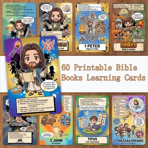 May include: A set of 60 printable Bible books learning cards. Each card features colourful illustrations and text, with titles like "1 Peter" and "James." The cards are designed for educational purposes, with key themes and facts.