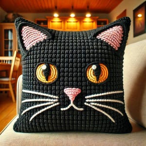 黒猫のスクエアかぎ針編み枕（パターン）