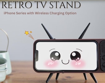 May include: A retro TV stand with a wireless charging option for iPhones. The stand is brown and has a cute cartoon face on the front. It has two antennas and a white cord.