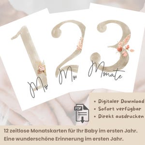 Può includere: Tre biglietti con i numeri 1, 2 e 3 in stile acquerello beige, ognuno ornato da elementi floreali. Le parole "Mo" e "Monate" sono scritte in una calligrafia delicata. Biglietti per le tappe del bambino.