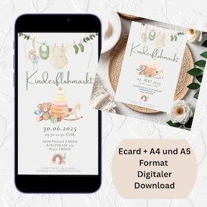 Könnte beinhalten: Ein Smartphone zeigt eine digitale Einladung für einen Kinderflohmarkt, "Kinderflohmarkt", mit einer Aquarellillustration von Spielzeug. Die Einladung enthält Datum, Uhrzeit und Ort. Eine gedruckte Einladung ist ebenfalls sichtbar, mit dem Text: "Ecard + A4 und A5 Format Digitaler Download."