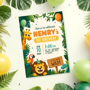 Paquete de fiesta de cumpleaños con temática de safari en la jungla / Invitación editable, etiquetas para recuerdos, invitación para móvil (descarga digital)