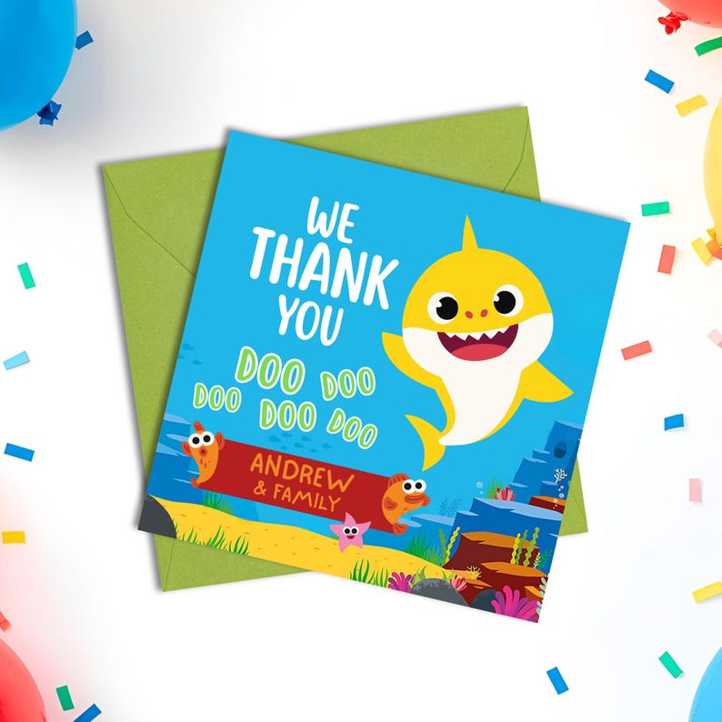 Baby Shark Party Bundle • Editable Birthday Invitation • Canva Template • Kids Ocean Theme • Thankyou Note
Bring the Ocean fun to your celebration with this adorable BabyShark themed Editable Digital Party Invite. a Canva template PDF after purchase containing your secure link to access your editable templates. Party Bundle: Invitation Design ✓ Thank You Party Favor Card ✓ Thank You Note Card ✓ Digital Invite