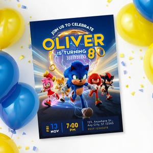 Paquete de fiesta de cumpleaños de Sonic / Invitación editable, etiqueta para recuerdos, tarjeta de agradecimiento (descarga digital)