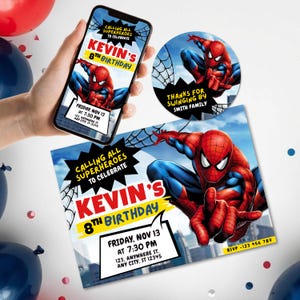 Paquete de invitaciones para fiesta de cumpleaños de Spiderman: Fiesta de cómics de superhéroes (descarga instantánea, editable en Canva)
