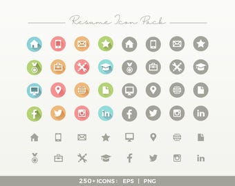 May include: A set of 36 colourful icons representing various resume-related elements, including home, phone, email, star, medal, briefcase, wrench, graduation cap, computer, location pin, globe, document, Facebook, Twitter, Instagram, and LinkedIn. The icons are arranged in a grid pattern with a white background.
