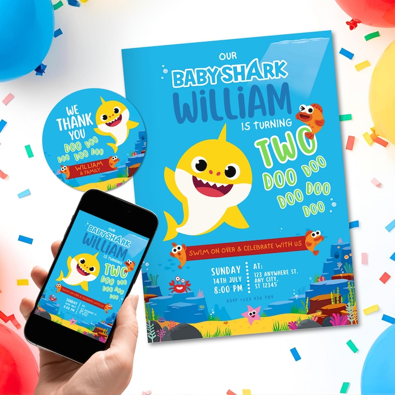 Baby Shark Party Bundle • Editable Birthday Invitation • Canva Template • Kids Ocean Theme • Thankyou Note
Bring the Ocean fun to your celebration with this adorable BabyShark themed Editable Digital Party Invite. a Canva template PDF after purchase containing your secure link to access your editable templates. Party Bundle: Invitation Design ✓ Thank You Favor Card ✓ Thank You Note Card ✓ Digital Invite