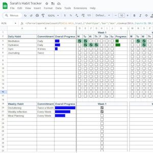 May include: A digital habit tracker spreadsheet titled "Sarah's Habit Tracker." The spreadsheet is organized with daily and weekly habits, progress bars, and check boxes for each day of the week. The tracker uses green and blue color coding.