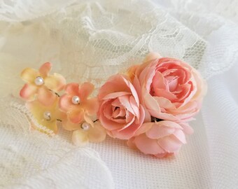 Delicate Dainty Ranunculus Hair Clip Cluster Vines Peach Blush That Can Be Manipulated To Suit Placement 3 1/2 Inches handcraftusa