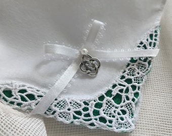 Celtic Knot Dark Emerald Green Irish Wedding Hankie/Bouquet Wrap with Options Imported from Ireland Shamrock Embellished by handcraftusa