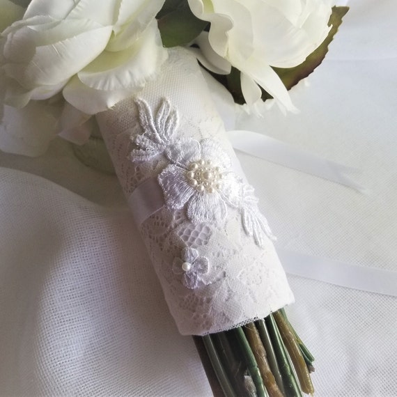 Pale Champagne and White Wedding Bridal Bouquet Stem Wrap Good Luck Four  Leaf Clover Options Lace One Size Fits All Lace Pearls Handcraftusa 