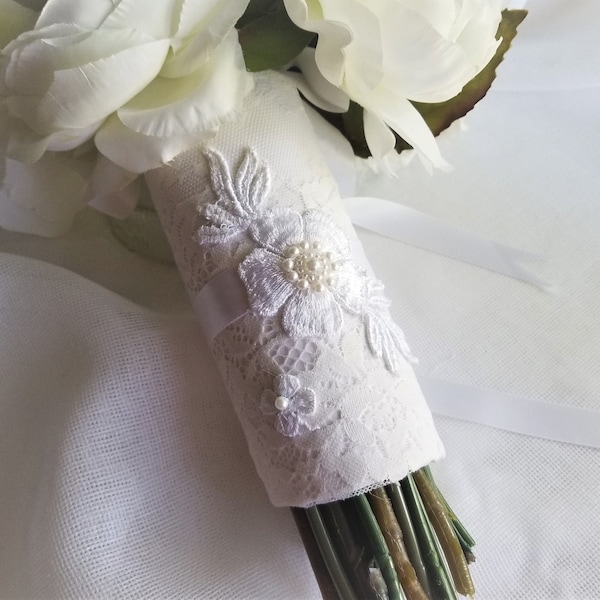 Pale Champagne and White Wedding Bridal Bouquet Stem Wrap Good Luck Four Leaf Clover Options Lace One Size Fits All Lace Pearls handcraftUSA