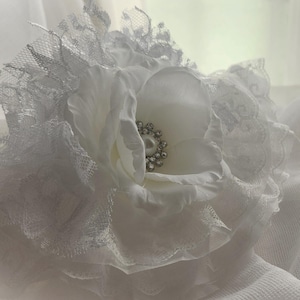 White Lace Wedding Dog Flower Bib Collar Shabby Chic Photo Prop Statement Crown Neck Ribbon Tie Rhinestone Embellished Handmade handcraftusa