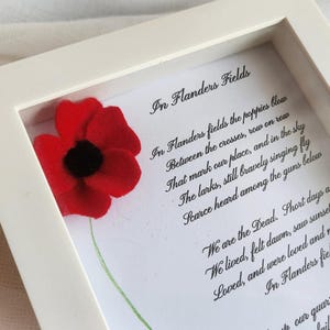 May include: A framed artwork featuring a vibrant red poppy with a black center. The white frame surrounds a printed poem titled "In Flanders Fields" in elegant script. The artwork evokes remembrance.