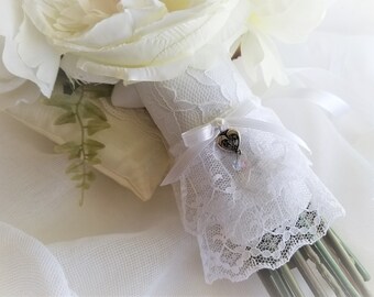 Lace Bouquet Wrap Shabby Chic Dainty Heart Charm For Long Or Short Stems Bouquet One Size Fits All Designed by handcraftuta etsy