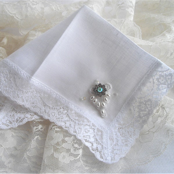 White Lace Irish Linen Wedding Symbol Imported White Handkerchief/Bouquet Wrap Gift Boxed With Card Pearls Rhinestone handcraftusa