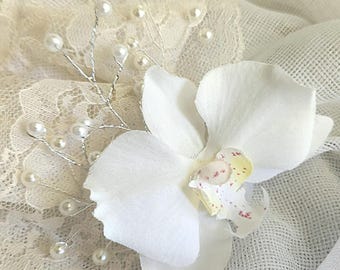 Realistic White Orchid Hair Clip: Silky Flower Pin, Brooch, Boutonniere by handcraftusa