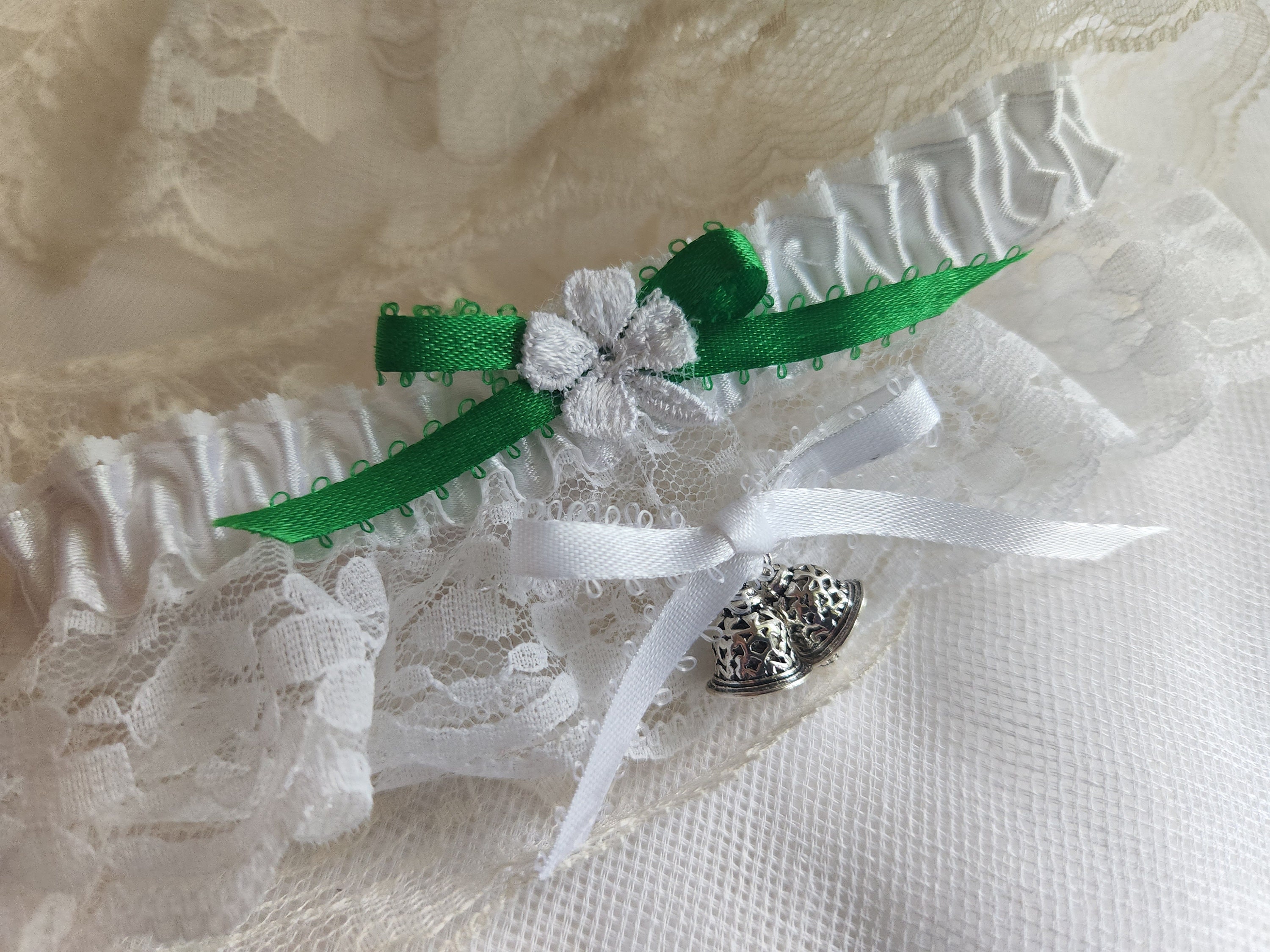 Shamrock Sparkle Green White Organza Satin Bridal Wedding Keepsake Garter 