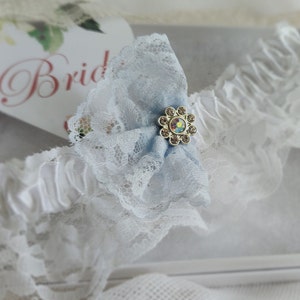 Wedding Garter for Bride Something Blue Custom Fit for You White Lace Garter with Blue Rhinestone Accented Embellishment by handcraftusa
