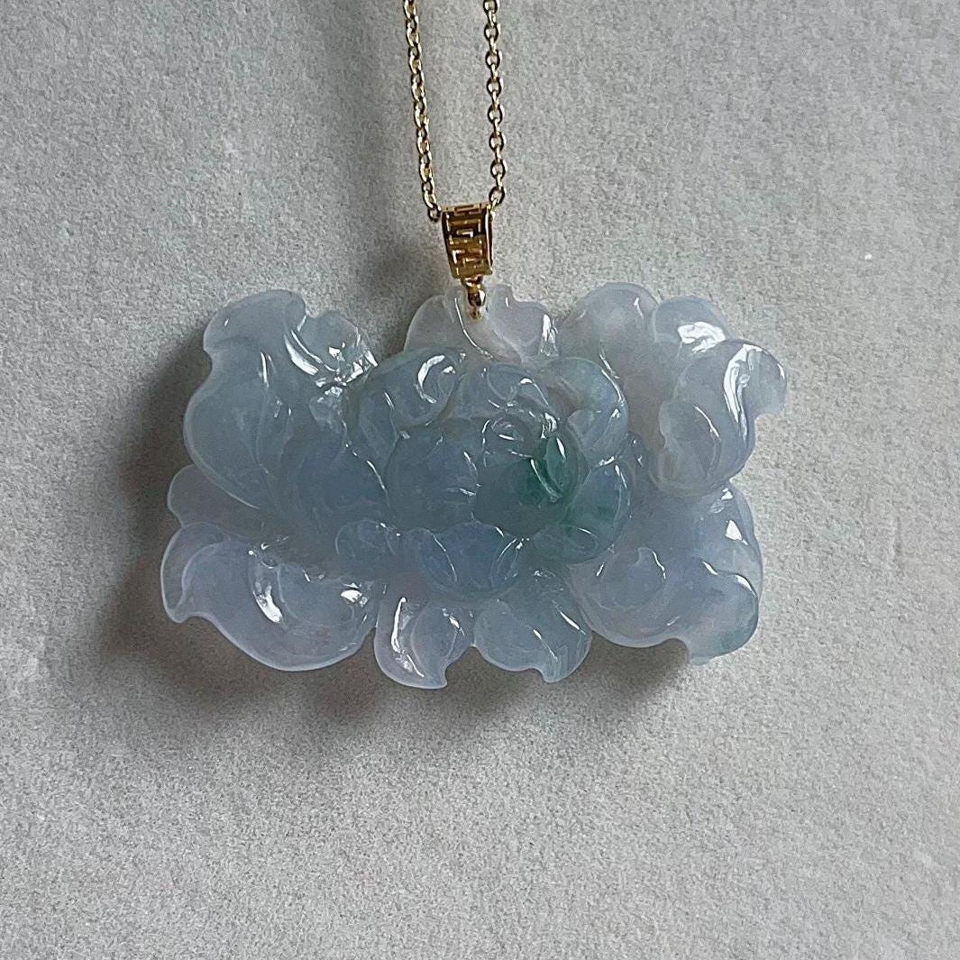 Burmese Lavender Jade Peony Pendant Necklace: 18k Gold, Natural Grade A