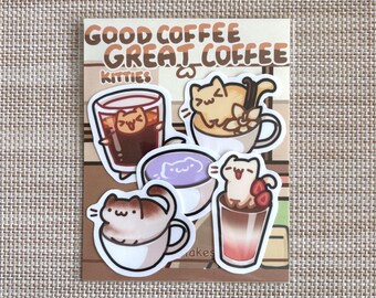 Coffee cats sticker pack 5pc/ cute silly coffee latte gcgc game/ handmade vinyl sticker/ laptop notebook sticker decor