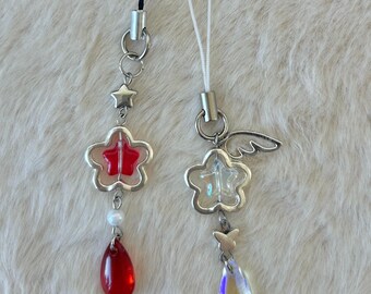 Handmade Flower Phone Charm: Red & White Beaded Strap