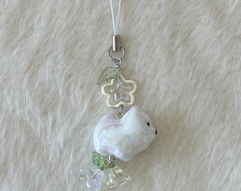 Cute white dog puppy flower phone charm/ handmade animal phone strap