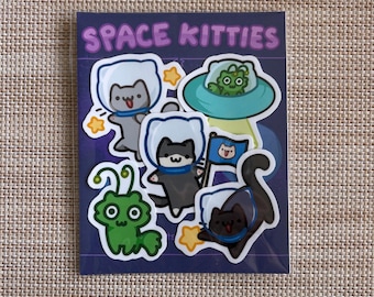 Space cats sticker pack 5pc/ cute silly ufo alien cats/ handmade vinyl sticker/ laptop notebook sticker decor