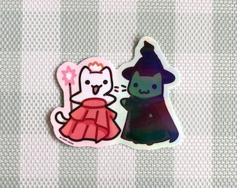 Wicked cats Glinda and Elphaba holographic sticker/ water resistant handmade vinyl sticker flake /laptop decor