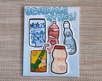 Beverage cats sticker pack 5pc/ cute silly ramune Yakult milkis soft drink/ handmade vinyl sticker/ laptop notebook sticker decor