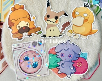 Pokémon Stickers: psyduck, mimikyu, bidoof, jigglytuff, espurr/ water resistant handmade vinyl holographic sticker/ laptop notebook sticker