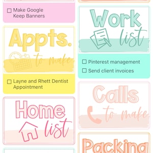 May include: A colorful digital planner with a list of tasks to do, reminders, work, appointments, home, gift ideas, packing, and gifts. The planner is organized into a grid of colorful squares with different icons and text.