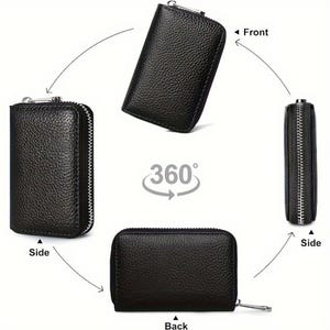 May include: Black leather zippered key holder wallet shown from four different angles: front, side, back, and side. The wallet has a textured leather exterior and a zipper closure.