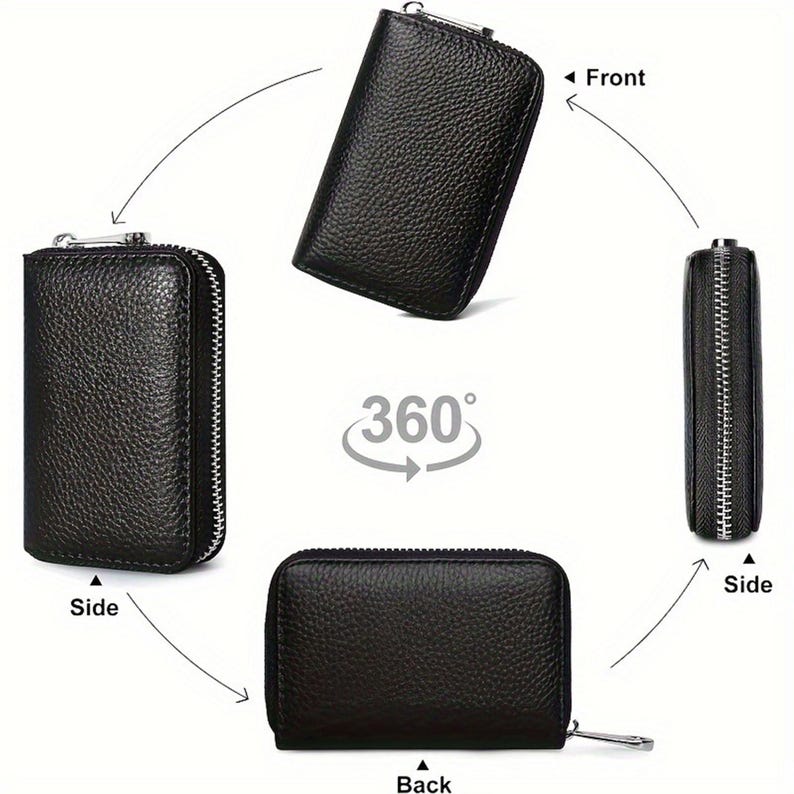 May include: Black leather zippered key holder wallet shown from four different angles: front, side, back, and side. The wallet has a textured leather exterior and a zipper closure.