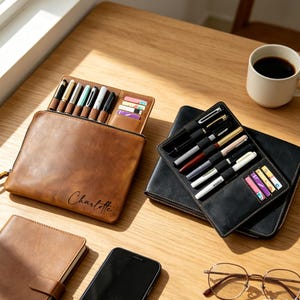 May include: A tan leather zipped portfolio with the name Charlotte embossed on the front, containing multiple pens and cards. Beside it lies a black leather pen organiser, a small tan notebook, a black smartphone, and round metal-rimmed glasses.