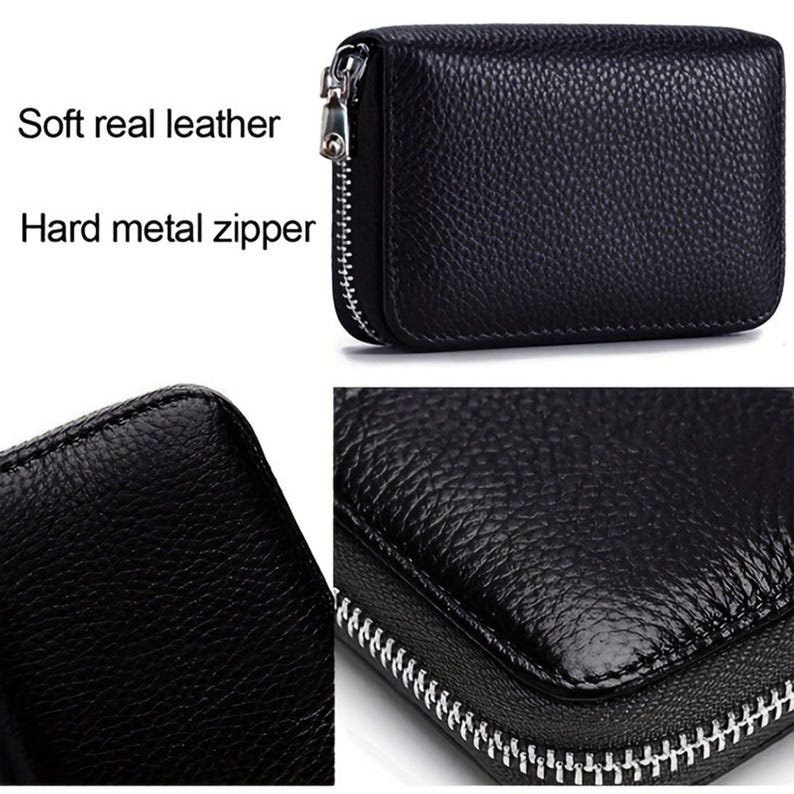 May include: Black leather zippered wallet with a hard metal zipper. The wallet has a textured surface and a silver zipper.