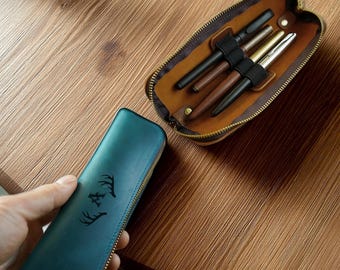 Personalized Vintage Crazy Horse Leather Pencil Case, Retro Leather Apple Pencil Holder, Large Capacity Zipper Stationery Bag,