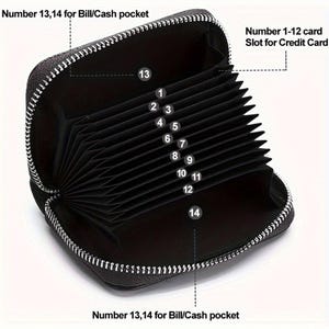 May include: Black leather wallet with a zipper closure. The wallet has 12 slots for credit cards and a separate compartment for cash or bills. The wallet is open to show the interior.