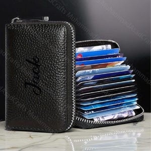Porte-cartes personnalisé en cuir pour éventail, Porte-cartes sécurisé avec fermeture éclair, Porte-cartes en accordéon de plusieurs capacités pour éventail en cuir véritable, Porte-cartes avec paume, Cadeau