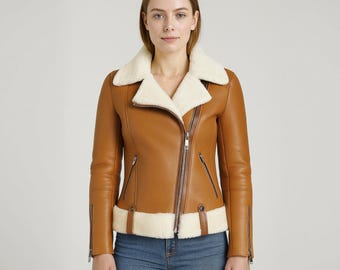 Genuine Sheepskin Shearling B3 Bomber Jacket: Tan Aviator Flight Jacket