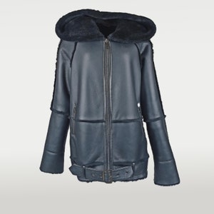 Women&#39;s Sheepskin Coat with Hood | Sheepskin Shearling Long Jacket | Real Lambskin Leather | Premium gift | Black Real Shearling Coat Hooded